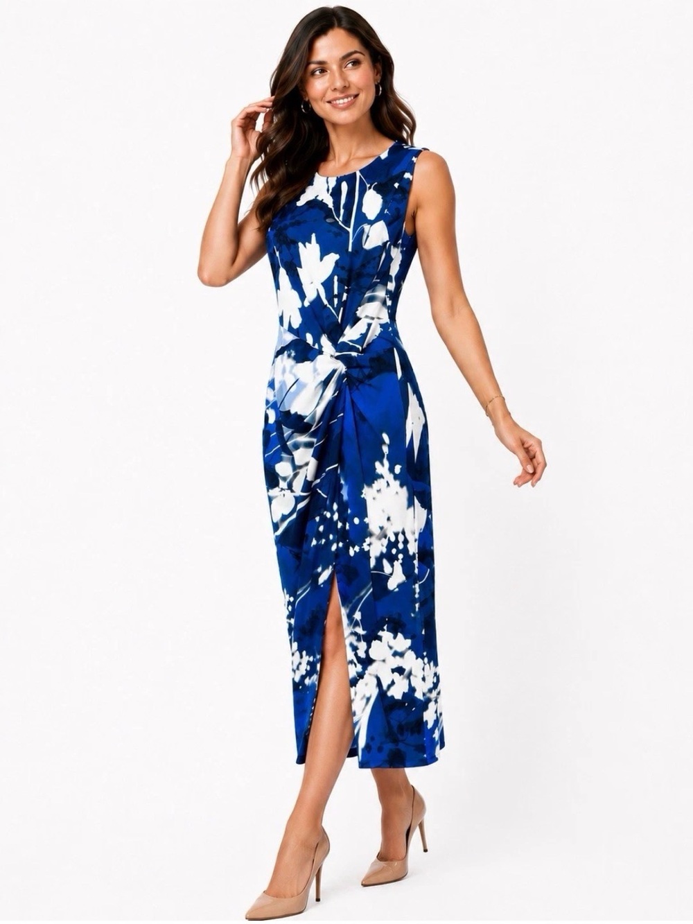 DKNY Sleeveless Blue & White Floral Twist-Front Midi Dress Sz 2 nwt